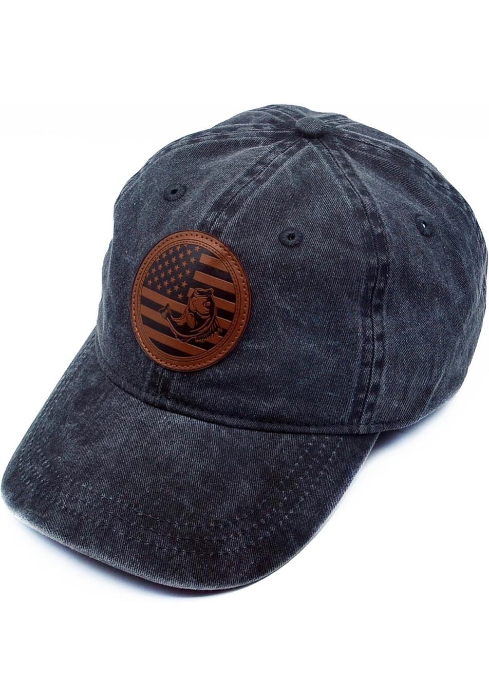 Gray Fishing Bass American Flag Leather Patch Adjustable Dad Hat Baseball Cap